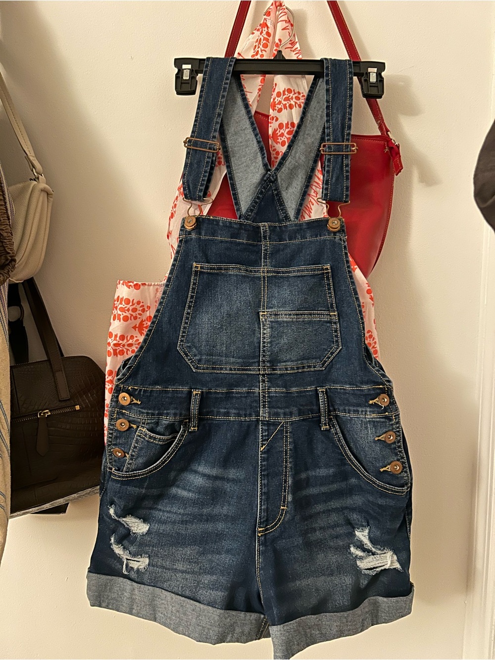 No Boundaries Denim Short Overalls in Blue with Gold Stitching